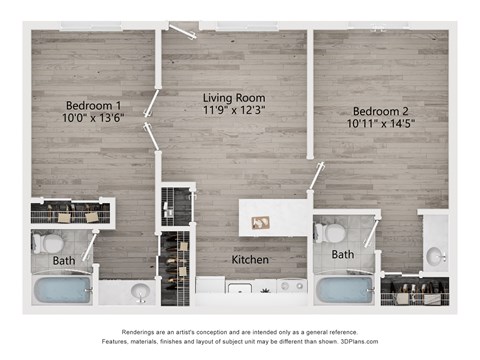 Floor plan for 2 beds, 2 baths, 864 sqft